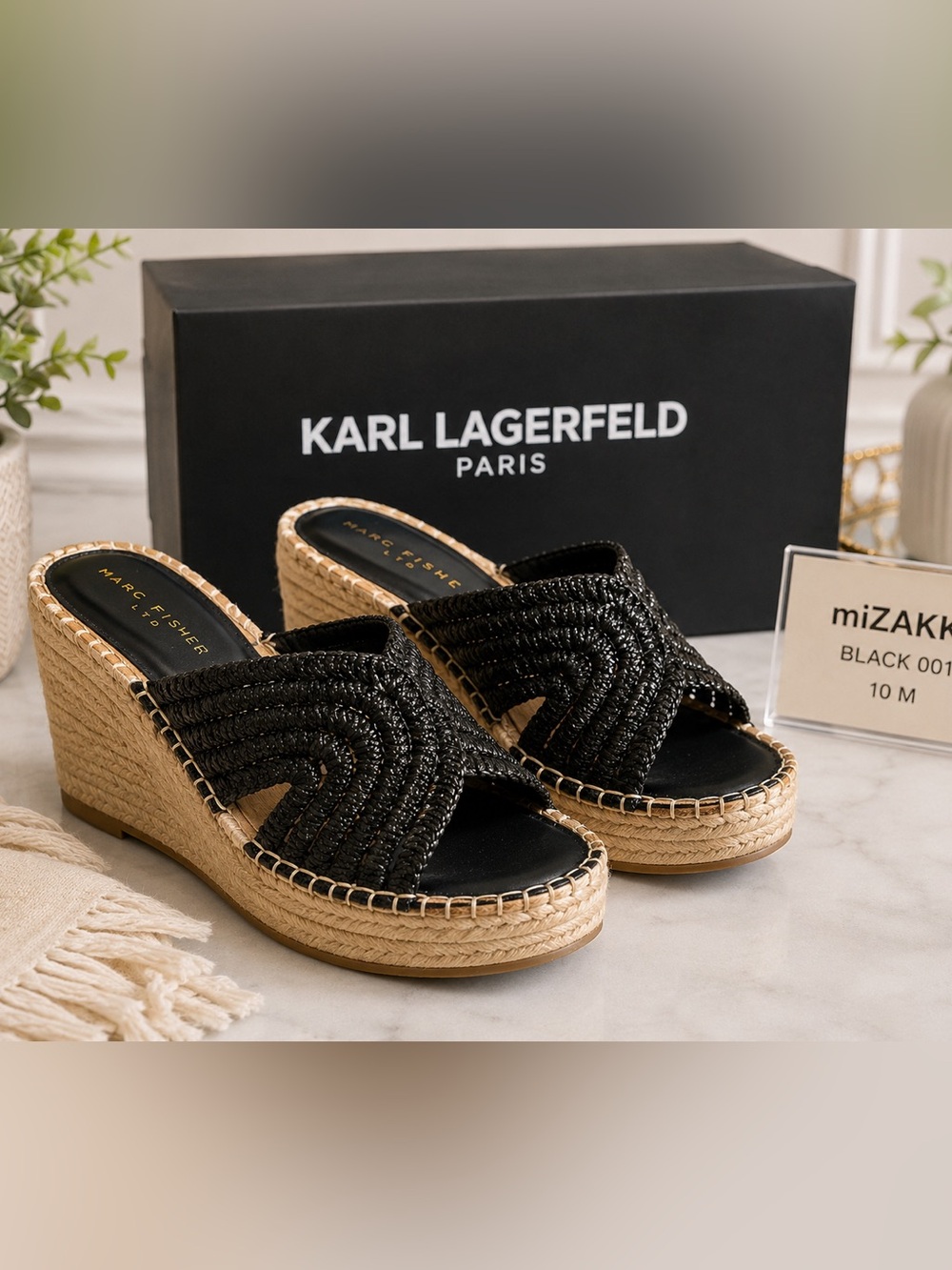 Karl Lagerfeld Black Woven Espadrille Wedge Mules